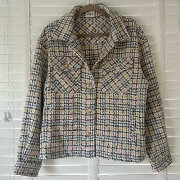 Aura Jacket Plaid Tweed Collared White Gray Pink Button Women’s Small - Picture 2 of 8